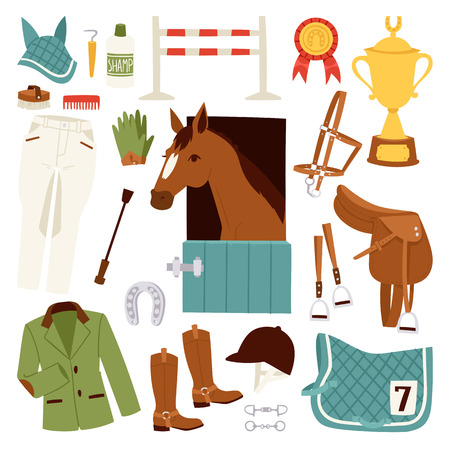 Flat color jockey icons set with equipment for horse riding isolated and horseshoe saddle sport race equestrian stallion barrier vector illustrationのイラスト素材
