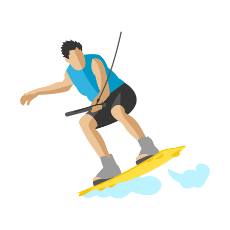 Man wakeboarding in action summer fun hobby water sport character vector illustration extreme boardwakeboard surfing wave wakeboarder jump wake splashのイラスト素材