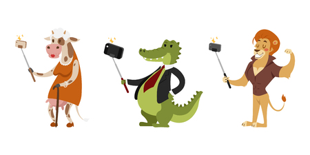 Funny picture photographer mamal person take selfie stick in his hand and cute animal taking a selfie together with smartphone camera vector illustration.のイラスト素材