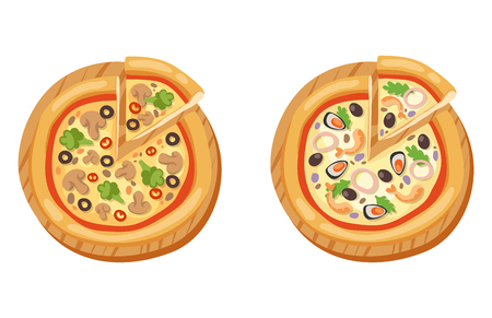 Pizza flat icons isolated vector illustration piece slice pizzeria food menu snack on white background pepperoni ingredient delivery italian setのイラスト素材