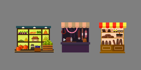 Fruit, vegetables, milk products, meat, bakery shop stall vector set. vector illustration. Food supermarket shop storeのイラスト素材