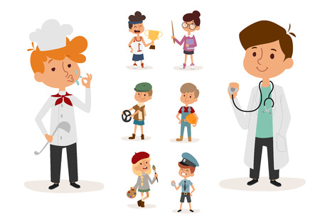 cartoon profession kids children vector set illustration person childhood painter sportsman chef builder policeman doctor artist driver businessmanのイラスト素材