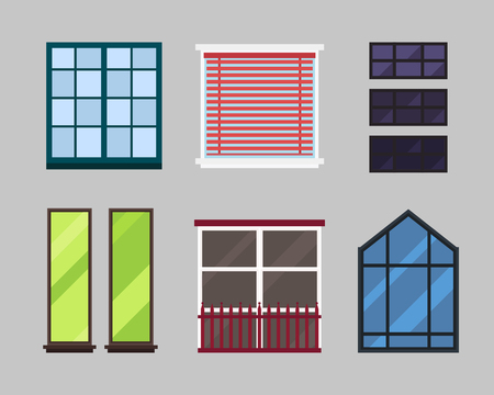 Different types house windows elements isolated set flat style frames domestic door double construction and contemporary decoration apartment vector illustration.のイラスト素材