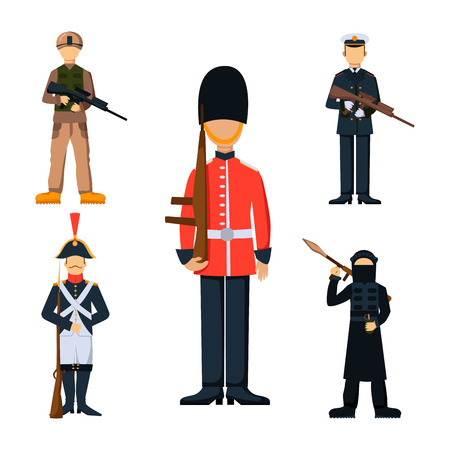 Military soldier character weapon symbols armor man silhouette forces design and american fighter ammunition navy camouflage sign vector illustration.のイラスト素材