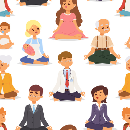 Lotus position yoga pose meditation art relax people relax isolated on white seamless pattern background design character vector illustration.のイラスト素材