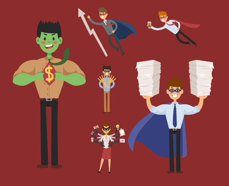 Superhero business man woman vector illustration set character success cartoon power concept businessman strong person silhouette leader team isolatedのイラスト素材