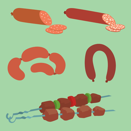 Meat products set of cartoon delicious barbecue kebab variety delicious gourmet meal and animal assortment slice lamb cooked vector illustrationのイラスト素材