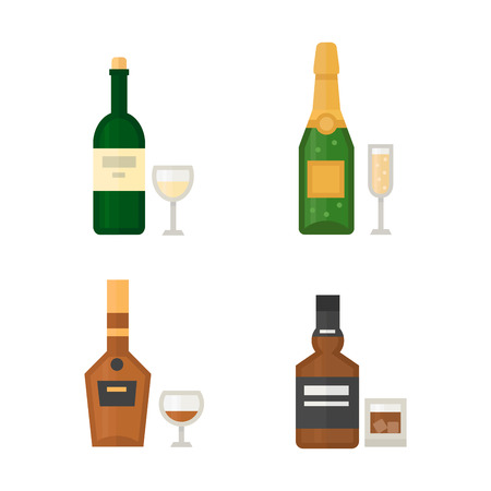 Alcohol drinks beverages cocktail whiskey drink bottle lager refreshment container and menu drunk concept different bottle and glasses vector illustration.のイラスト素材