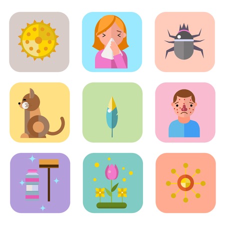 Allergy symbols disease healthcare tablets viruses and health flat label people with illness allergen symptoms disease information vector illustration. Human flower treatment cough not healthy sign.のイラスト素材