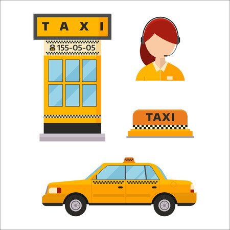 Taxi cab isolated vector illustration white background passenger car transport yellow icon sign dispatcher different city service womanのイラスト素材