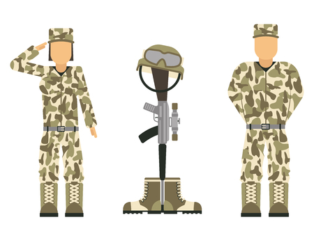 Memorial battlefield cross american honor symbol of a fallen US soldier characters modern war rifle M16 with boots and helmet vector illustration.のイラスト素材