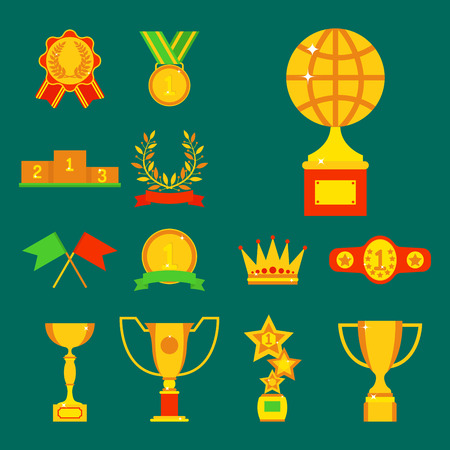 Vector trophy champion cup flat icon winner gold award and victory prize sport success best win golden leadership competition illustration.のイラスト素材