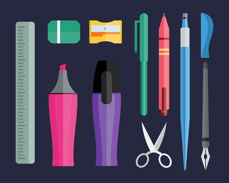 Paint and writing tools collection flat style colored stationery equipment drawing and education artist cartoon sketching vector illustration.のイラスト素材