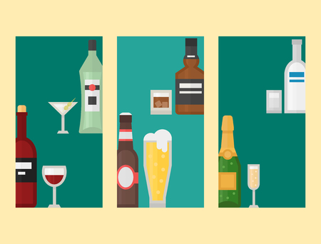 Alcohol drinks beverages cocktail card drink bottle lager refreshment container and menu drunk concept different bottle and glasses vector illustration.のイラスト素材