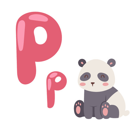 Cute zoo alphabet with cartoon animal panda isolated on white background and funny letter P wildlife learn typography cute language vector illustration.のイラスト素材
