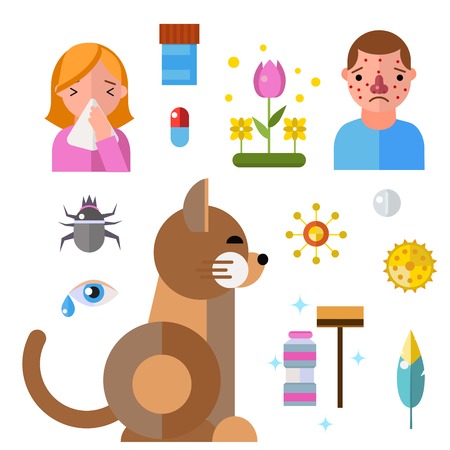 Allergy symbols disease healthcare tablets viruses and health flat label people with illnessのイラスト素材