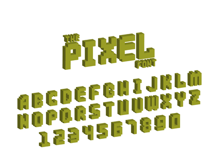 Pixel retro font video computer game design 8 bit letters numbers electronic futuristic style vector abc typeface digital creative alphabet isolatedのイラスト素材