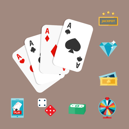 Casino game poker gambler symbols blackjack cards money winning roulette joker vector illustration.のイラスト素材