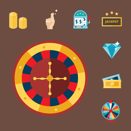 Casino game poker gambler symbols blackjack cards money winning roulette joker vector illustration.のイラスト素材