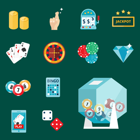 Casino game poker gambler symbols blackjack cards money winning roulette joker vector illustration.のイラスト素材