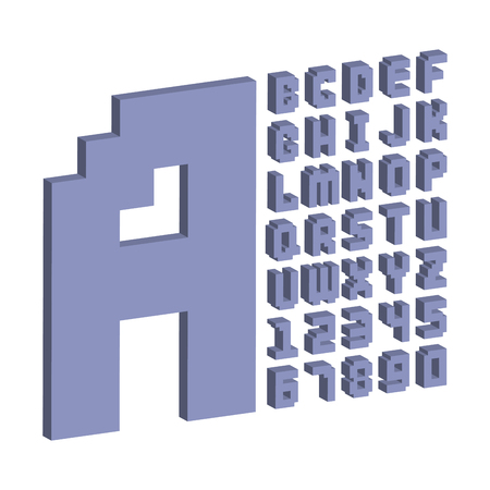 Pixel retro font video computer game design 8 bit letters numbers electronic futuristic style vector abc typeface digital creative alphabet isolatedのイラスト素材