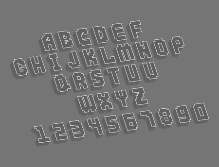 Pixel retro font video computer game design 8 bit letters numbers electronic futuristic style vector abc typeface digital creative alphabet isolatedのイラスト素材