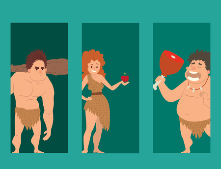 Caveman primitive stone age cartoon neanderthal people character evolution vector illustration.のイラスト素材