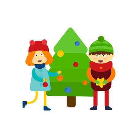 Christmas kids playing winter games skiing cartoon new year winter holidays characters vector illustration.のイラスト素材