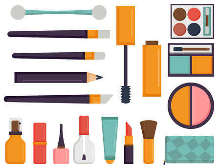 Makeup icons perfume mascara care brushes comb faced eyeshadow glamour female accessory vector.のイラスト素材