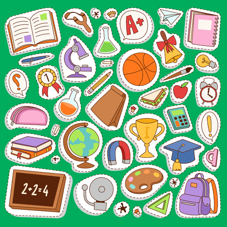 School icon flat set with blackboard students isolated vector illustration. Mathematics learning teaching art. Science university graduation symbols.のイラスト素材