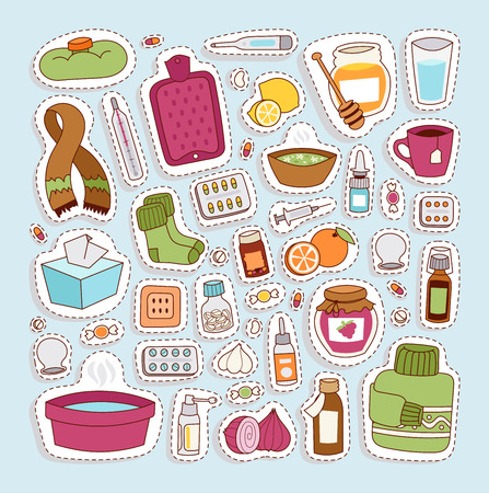 Flu influenza seamless pattern vector. Disease treatment infectious virus bottle illustration. Pharmacy temperature aid care sickness tablets cure bowls.のイラスト素材
