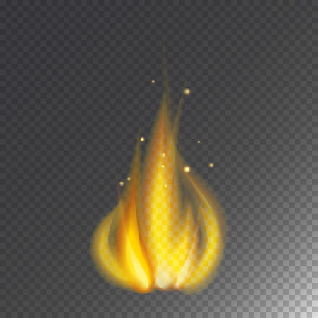 Fire flame hot burn vector icon warm danger and cooking yellow bonfire. Light blazing campfire ignite design and detail fireplace passion transparent sign.のイラスト素材