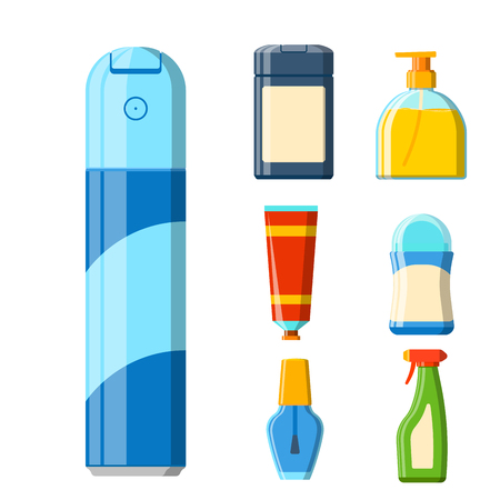 Bath plastic bottle shampoo lotion cream container icons made in modern shower flat style colorful illustration for bathroom vector hygiene design. Sink shower soap beauty packaging.のイラスト素材