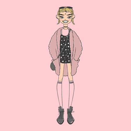 Fashion look girl beautiful girl woman female pretty young model style lady character glamour cute illustration.のイラスト素材