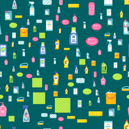 Cleanser bottle chemical housework product seamless pattern and care wash plastic equipment cleaning liquid flat vector illustration. Hygiene domestic container toiletries household tool.のイラスト素材