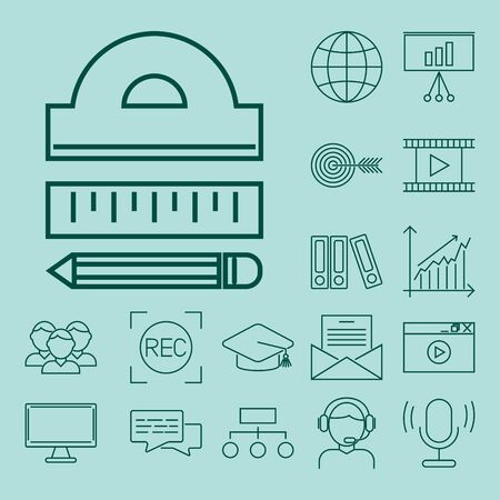 Outline flat design icons for online education video tutorials staff training book store learning research knowledge vector illustration. Internet technology distance profession service web concept.のイラスト素材