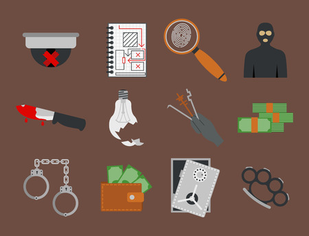 Crime icons protection law justice sign security police gun offence felony transgression flat vector illustration. Thief prison legal safety gavel lock investigation criminal set.のイラスト素材
