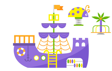 Children playground fun childhood play park activity flat swing vector illustration. Happy outdoor summer place recreation equipment toy kindergarten amusement.のイラスト素材