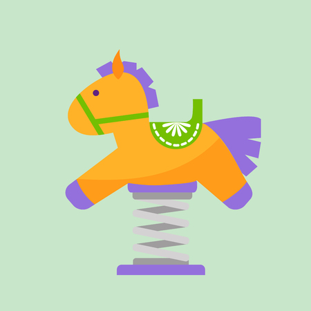 Children horse playground fun childhood play park activity flat swing vector illustration. Happy outdoor summer place recreation equipment toy kindergarten amusement.のイラスト素材