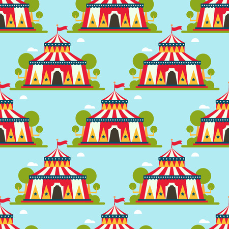 Circus show entertainment tent marquee marquee outdoor festival with stripes and flags carnival seamless pattern.のイラスト素材