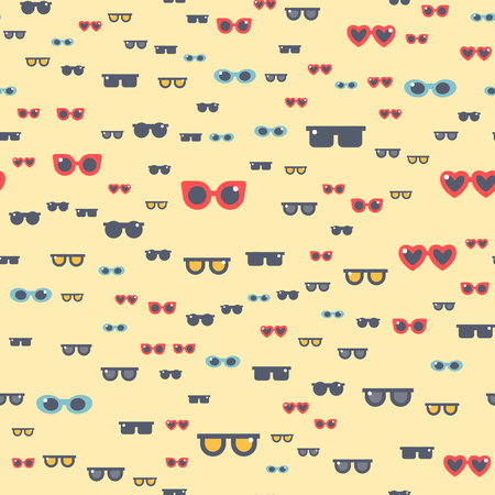 Fashion sunglasses design retro accessory sun optical view object and spectacles vintage plastic frame modern eyeglasses vector illustration. Summer sight shape classic reflection seamless patternのイラスト素材