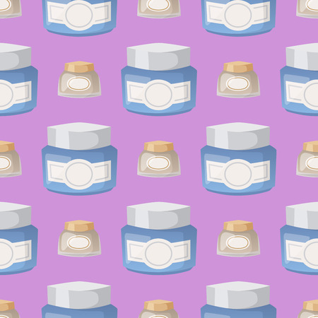Group of bottles of cosmetic cosmetology makeup beauty supplies and cream container plastic seamless pattern liquid domestic fluid bottle lotion pack vector illustration.のイラスト素材