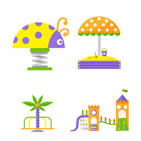 Children playground with activity flat swing vector illustration. Happy outdoor summer place recreation equipment for kindergarten amusement.のイラスト素材