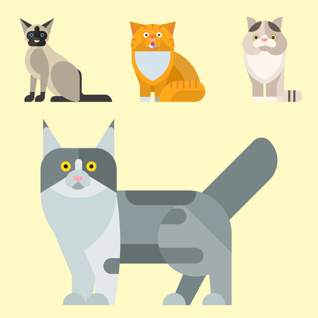 Cats vector illustration cute animal funny decorative characters color abstract feline kitten domestic trendy pet drawn. Happy mammal fur adorable kitty breed.のイラスト素材
