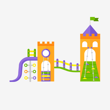 Children playground fun childhood play park activity flat swing vector illustration. Happy outdoor summer place recreation equipment toy kindergarten amusement.のイラスト素材