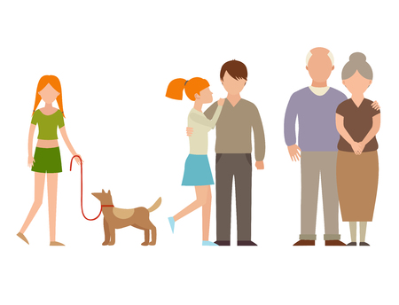 People happy couple cartoon and relationship characters lifestyle vector illustration. Relaxed friends group adult together romantic casual vacation retirement human.のイラスト素材
