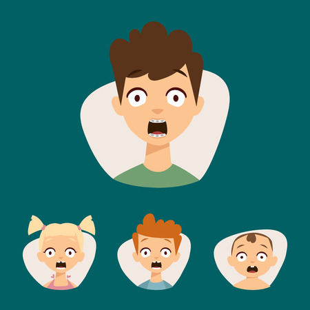 Vector set beautiful emoticons face of people fear shock surprise avatars. Set of cartoon human head person character different sexes sadness confused depression.のイラスト素材