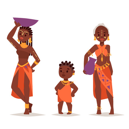 Maasai african people in traditional clothing happy person families vector illustration.のイラスト素材