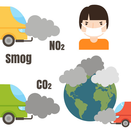 Ecology infographics set with air water and soil pollution charts illustration, Smoke air pollution and factory smog power energy ecology global danger atmosphere.のイラスト素材