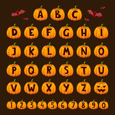 Halloween pumpkin font alphabet text symbols illustration.のイラスト素材